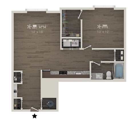 Floor plan for 1 bed, 1 bath, 867 sqft